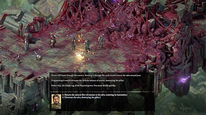 Regardless of how the meeting with souls went, you will be faced with the choice of a distorted adra column and this moment is shown in the attached picture - Pillars Of Eternity 2: The Storms of Poko Kohara - Walkthrough - Pillars Of Eternity 2: Side quests Poko Kohara Ruins - Pillars Of Eternity 2 Deadfire Game Guide