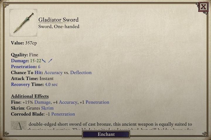 The Gladiator Sword is an excellent choice for a low level character specializing in melee combat. - Pillars Of Eternity 2: Where to get weapons and armor the easy way? - Pillars Of Eternity 2: FAQ - Pillars Of Eternity 2 Deadfire Game Guide