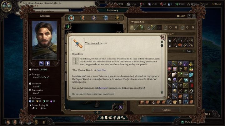 This quest should be triggered automatically after loading the save game before completing the main quest line - you will get a letter; reading it triggers the quest - Pillars of Eternity 2 Beast of Winter: An Honored Guest - Walkthrough - Beast of Winter: Main Quests - Pillars Of Eternity 2 Deadfire Game Guide