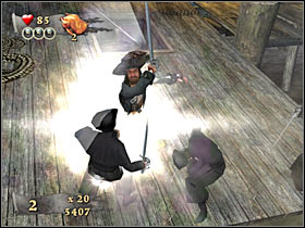 Once you've defeated the mercenaries, you will have to use the stairs (#1) - Mission 11 - part 3 - Mission 11 - Shipwreck City - Pirates of the Caribbean: At Worlds End - Game Guide and Walkthrough