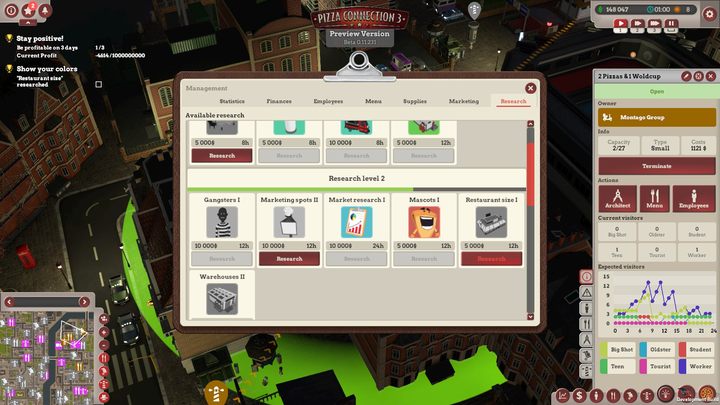 Another step is to run a research on restaurants size - Black pudding instead of pizza! | Main missions in Pizza Connection 3 - Main missions - Pizza Connection 3 Game Guide