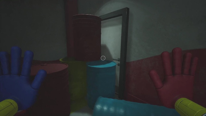 At the end of the hallway you will see a white door covered with colorful barrels - Poppy Playtime: Way to the station - walkthrough - Chapter 2 - Poppy Playtime Guide, Walkthrough