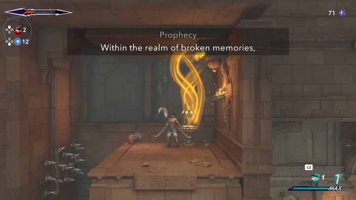 The first Prophecy is found in a room below the hub in Lower City - Prince of Persia The Lost Crown: All Spirited Sand Jars (Prophecies) - Secrets and Collectibles - Prince of Persia The Lost Crown Guide