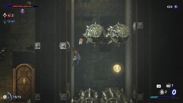 At the bottom of a deep shaft with moving conveyor belts and spinning spikes - Prince of Persia The Lost Crown: All Xerxes coins - Secrets and Collectibles - Prince of Persia The Lost Crown Guide
