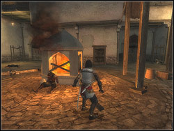 Youll have a hard time here with two enemies, so better switch on the panoramic view to localize them first - Harbor District - Walkthrough - Prince of Persia: The Two Thrones - Game Guide and Walkthrough