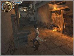 Go to the right, walk on the bar and jump from it straight ahead to the terrace being located vis-a-vis - Harbor District - Walkthrough - Prince of Persia: The Two Thrones - Game Guide and Walkthrough