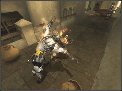 Fall onto relief and stick the blade of the dagger into it, and then jump down to the gallery below - The Lower City - Walkthrough - Prince of Persia: The Two Thrones - Game Guide and Walkthrough