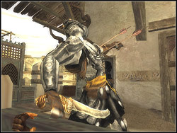 Before you will manage to jump the rail, the tall Guard will come out and he will want to cut you with the saber into halves - The Lower City Rooftops - Walkthrough - Prince of Persia: The Two Thrones - Game Guide and Walkthrough