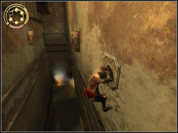 Clamber up the catwalk, then jump straight ahead to the next, located a little bit lower lowly than the one you took off from - The Marketplace - Walkthrough - Prince of Persia: The Two Thrones - Game Guide and Walkthrough