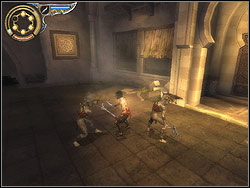 Run horizontally over the wall and in front of the bend take off to the catwalk on the right - The Upper City - Walkthrough - Prince of Persia: The Two Thrones - Game Guide and Walkthrough