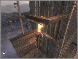 Move back a few steps and stand with your face opposite to the front, wooden wall of the platform - The Lower Tower - Walkthrough - Prince of Persia: The Two Thrones - Game Guide and Walkthrough