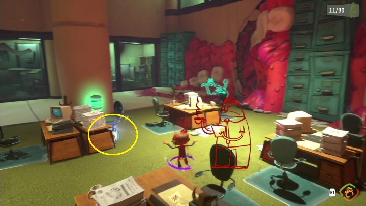 The blue tag can be found in-between desks, in a room looking like an inside of a mouth - Psychonauts 2: Emotional Baggage, Lobotos Labyrinth - where to find? - Lobotos Labryinth - Psychonauts 2 game guide