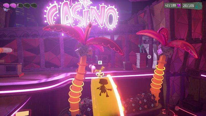 To reach this secret you need to jump across thoughts and reach the decorative lights on the roof - Psychonauts 2: Nuggets of Wisdom, Hollis Hot Streak - where to find? - Hollis Hot Streak - Psychonauts 2 Guide