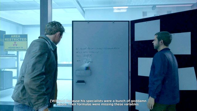 The board with equations is one of the Quantum Ripples - allow William to correct it - Act I, part 2 - Campus Escape - Walkthrough - Quantum Break - Game Guide and Walkthrough