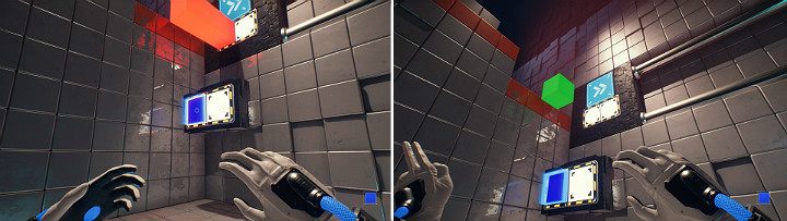 Activate the blue cube on the wall panel and then delete (MMB) the orange cube, causing it to bounce off the blue cube and open the door - QUBE 2 - Chapter 4 - Lost in Transmission - Walkthrough - Q.U.B.E. 2 Game Guide