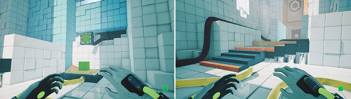 Create a green cube and pull it out so that it falls on the large button - QUBE 2 - Chapter 5 - Tangled (The Machine) - Walkthrough - Q.U.B.E. 2 Game Guide