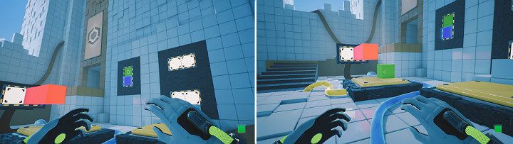 Activate the green cube on the upper panel and the blue cube on the lower - QUBE 2 - Chapter 5 - Tangled (The Machine) - Walkthrough - Q.U.B.E. 2 Game Guide