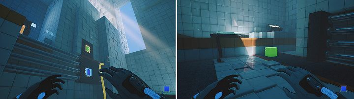 Once again pull the green cube out of the wall, causing it to bounce off the blue cube and fall on the belt on the other side of the room - QUBE 2 - Chapter 5 - Tangled (The Machine) - Walkthrough - Q.U.B.E. 2 Game Guide