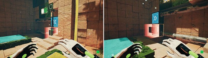 Stand on the second button to activate the oil dispenser and wait for it to cover the green cube completely - QUBE 2 - Chapter 8 - The Fall of Man - Walkthrough - Q.U.B.E. 2 Game Guide