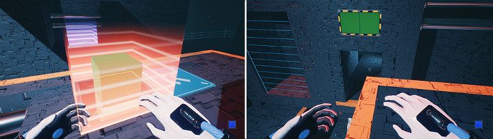 When the green cube gets caught by the magnet, jump on it and change the magnets color to blue - QUBE 2 - Chapter 11 - The Abyss - Walkthrough - Q.U.B.E. 2 Game Guide