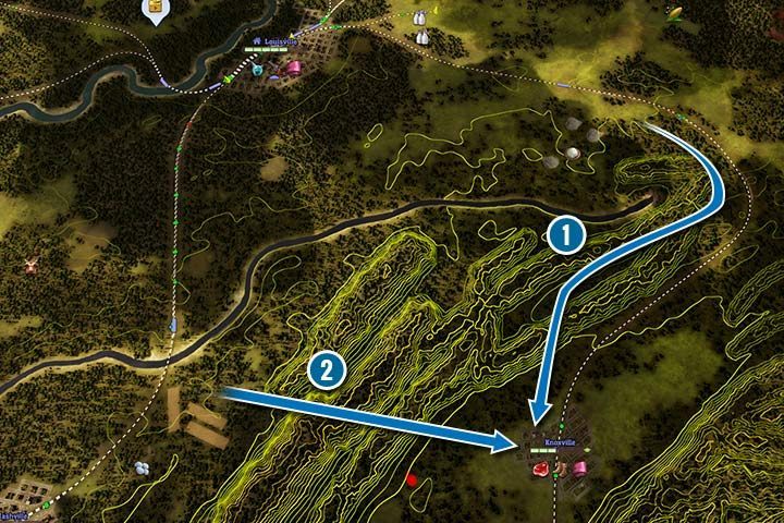 There are two ways to reach Knoxville. You can avoid the mountains and choose the longer, but cheaper route (1). Up until now, you have probably already created a connection to Nashville. You can create a shortcut that runs through the mountains. It is very expensive because of the construction of a tunnel (2). - Chapter 4 - Civil War | Campaign in Railway Empire - Campaign - Railway Empire Game Guide