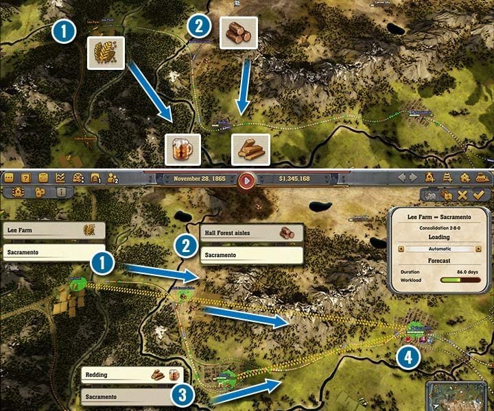 Redding is located in the north, and it is a great place to develop your network. The picture above shows the initial state of your network. First, transport the grain (1) and wood (2), and build a brewery and sawmill (3). In the lower part of the image, you can see that trains focus on the transport of resources and goods to Sacramento (4). - Chapter 5 - Sierra Nevada | Campaign in Railway Empire - Campaign - Railway Empire Game Guide