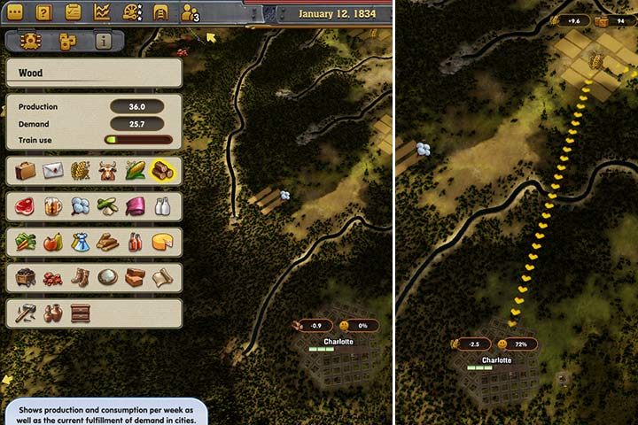 Charlotte needs wood, but the city does not receive transports of any kind. On the other hand, there is a sufficient amount of grain, large enough to satisfy 70% of the demand of the citizens. The city owes this state of affairs to land transport and a farm that is located nearby. - How to develop cities and factories? | Begginers Game Guide - Beginners Game Guide - Railway Empire Game Guide