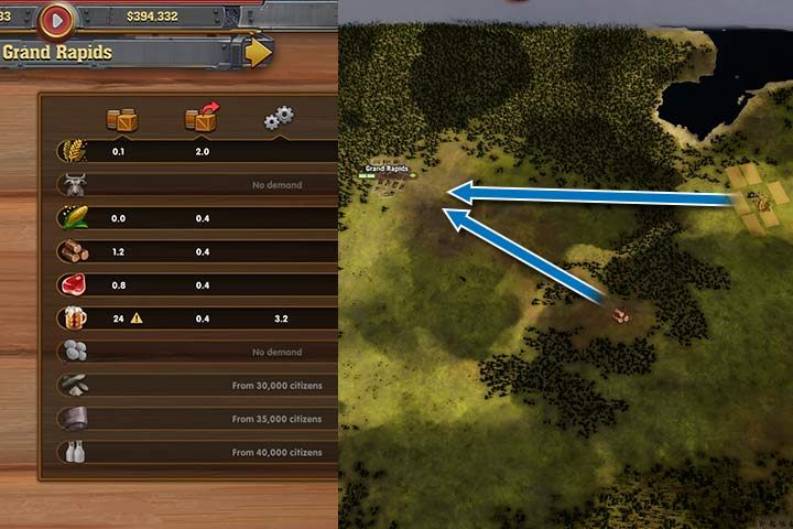 Grand Rapids is a small town and needs five products in order to grow. In the first column you can see how many goods there are in the city, then the demand for those goods, and then how many of them are produced. You can see that the brewery in this city has no market, and there are grain and wood production centers nearby. This is a good place to expand the railway network. - How to develop cities and factories? | Begginers Game Guide - Beginners Game Guide - Railway Empire Game Guide