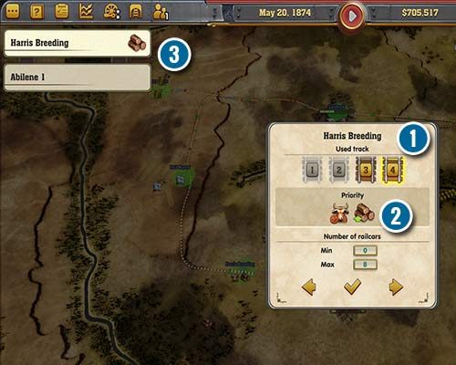 After selecting a given destination (1), you can decide which track the train is supposed to enter (2), which goods will be a priority (3, the symbol will also be visible next to the name of the station, 1) and with how many wagons the train is supposed to leave this station. - Express and Cargo Trains | Begginers Game Guide - Beginners Game Guide - Railway Empire Game Guide