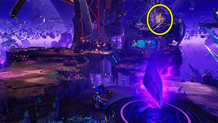 Once you arrive in the new dimension, you will notice a gold bolt at a high altitude on the right - it is shown in the attached screenshot and you have to reach it by going around it - Ratchet & Clank Rift Apart: Blizar Prime - collectibles, list of all, map - Secrets and Collectibles - Ratchet & Clank Rift Apart Guide