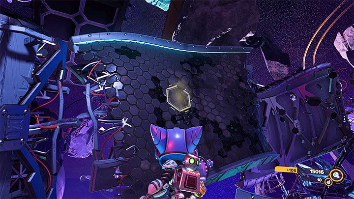 Follow the linear path until you reach a place where it is possible to use the Magneboots - press the Circle button to jump to the partially damaged magnetic path - Ratchet & Clank Rift Apart: Blizar Prime - collectibles, list of all, map - Secrets and Collectibles - Ratchet & Clank Rift Apart Guide