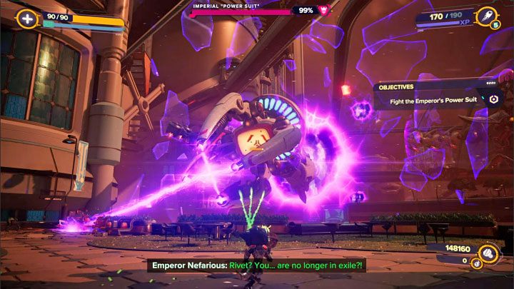 The most important tip - don't try to aim at the large machine visible in the background - Ratchet & Clank Rift Apart: Emperor Nefarious, the final boss - how to defeat him? - Bosses - Ratchet & Clank Rift Apart Guide