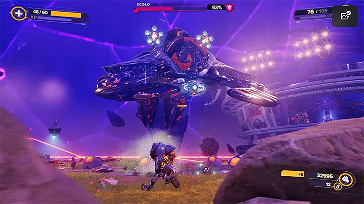 Its new attack is to fly above the arena at a low altitude - Ratchet & Clank Rift Apart: Arena, Silver Cup - walkthrough, all fights - Scarst Debris Cloud - Ratchet & Clank Rift Apart Guide