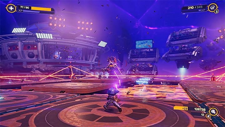 You can use any weapon to attack the goons, but it would be good if you used ones with high accuracy at medium and long range, so you wouldn't miss your target frequently - Ratchet & Clank Rift Apart: Arena, Gold Cup - walkthrough, all fights - Scarst Debris Cloud - Ratchet & Clank Rift Apart Guide