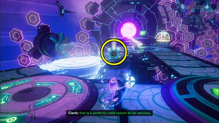 Select the first heavy sphere you still have with you from your inventory - Ratchet & Clank Rift Apart: Clank, Return to Savali - puzzle guide, list - Clank and Kit Riddles - Ratchet & Clank Rift Apart Guide