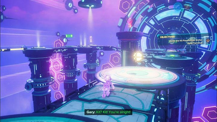 Walk straight ahead and grab the Electric Sphere from the circular platform - Ratchet & Clank Rift Apart: Kit, Return to Sargasso - puzzle guide, list - Clank and Kit Riddles - Ratchet & Clank Rift Apart Guide