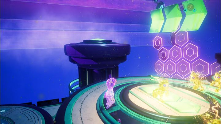 By pressing the pressure plate, the projections will lower the side platform shown in the picture - Ratchet & Clank Rift Apart: Kit, Return to Sargasso - puzzle guide, list - Clank and Kit Riddles - Ratchet & Clank Rift Apart Guide