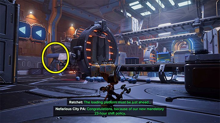 Soon you will reach the second large hall of the factory - Ratchet & Clank Rift Apart: Marketplace and factory exploration - walkthrough - Nefarious City - Ratchet & Clank Rift Apart Guide