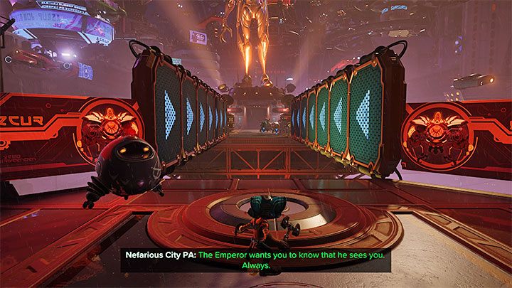 Use the two running walls shown in the picture - Ratchet & Clank Rift Apart: Investigate the Nefarious Statue - Nefarious City - Ratchet & Clank Rift Apart Guide