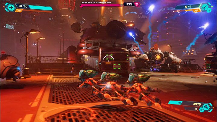 Take some time to familiarize yourself with the main attacks of the large enemy machine - Ratchet & Clank Rift Apart: Investigate the Nefarious Statue - Nefarious City - Ratchet & Clank Rift Apart Guide