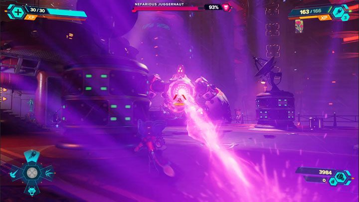 The second primary attack of the Nefarious Juggernaut is to fire a large laser - Ratchet & Clank Rift Apart: Investigate the Nefarious Statue - Nefarious City - Ratchet & Clank Rift Apart Guide