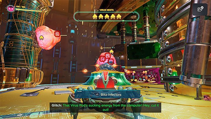 Attack standard enemies from a distance and look around for Virus Nests - Ratchet & Clank Rift Apart: Investigate the Nefarious Statue - Nefarious City - Ratchet & Clank Rift Apart Guide