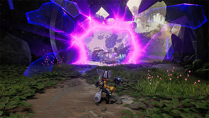 Venture further out and expect to encounter hostile overgrown frogs, on which you can easily test the sprinkler's performance - Ratchet & Clank Rift Apart: Swamps, Find a way to reach the Morts - walkthrough - Sargasso - Ratchet & Clank Rift Apart Guide
