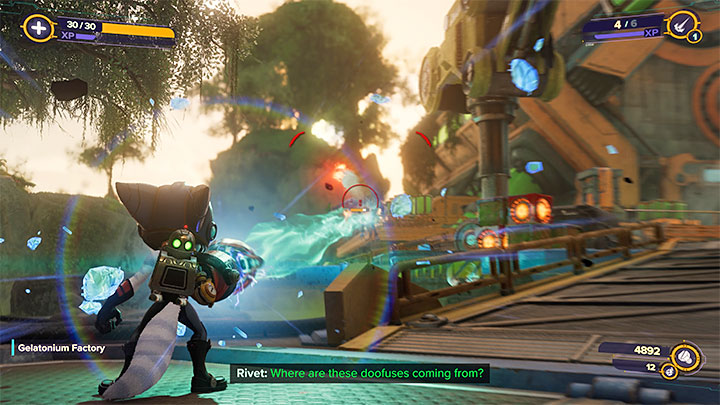 After reaching the factory area, you will learn that the Morts (friendly residents of Sargasso) are being attacked by Nefarious' thugs - Ratchet & Clank Rift Apart: Swamps, Find a way to reach the Morts - walkthrough - Sargasso - Ratchet & Clank Rift Apart Guide