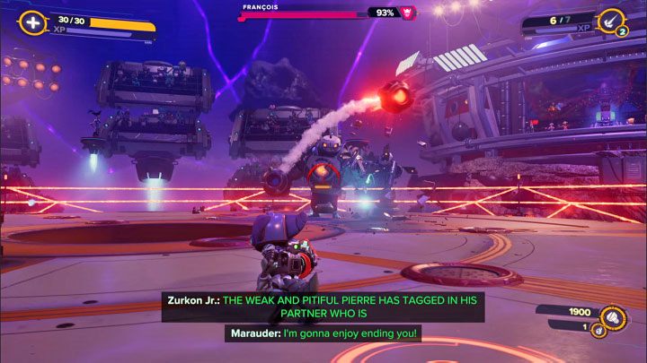 The boss is equipped with a grenade launcher, with which he fires bullets frequently - Ratchet & Clank Rift Apart: Defeat the monsters and Francois in the arena - walkthrough - Scarst Debris Cloud - Ratchet & Clank Rift Apart Guide