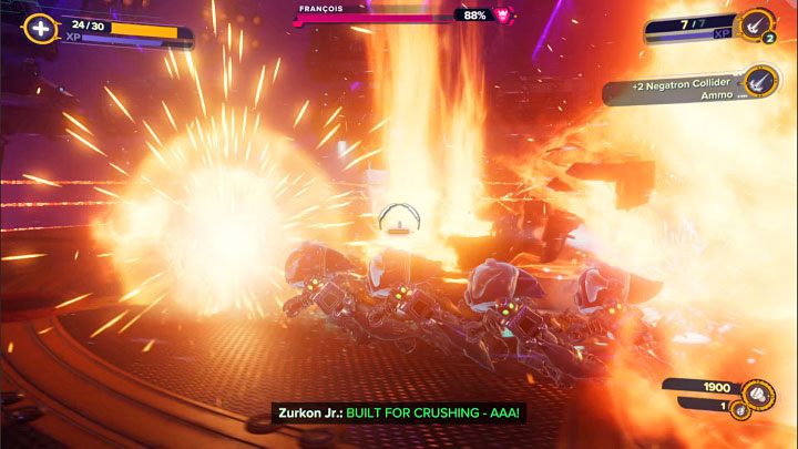 At the same time, watch out for the flames that spurt from time to time in the arena - Ratchet & Clank Rift Apart: Defeat the monsters and Francois in the arena - walkthrough - Scarst Debris Cloud - Ratchet & Clank Rift Apart Guide