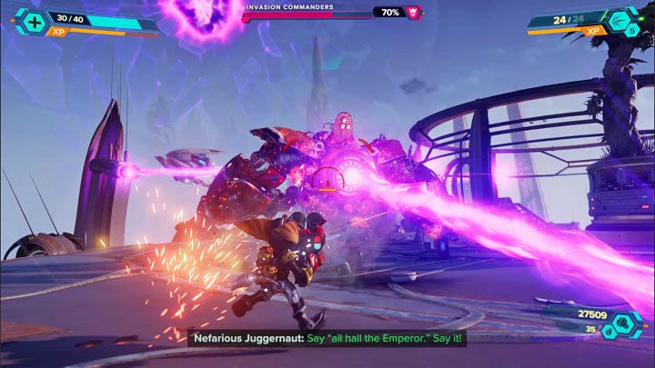 During the fight, try to look for opportunities to fire at the exposed boss cores installed on their chests - Ratchet & Clank Rift Apart: Accessing the Archives - walkthrough - Savali - Ratchet & Clank Rift Apart Guide