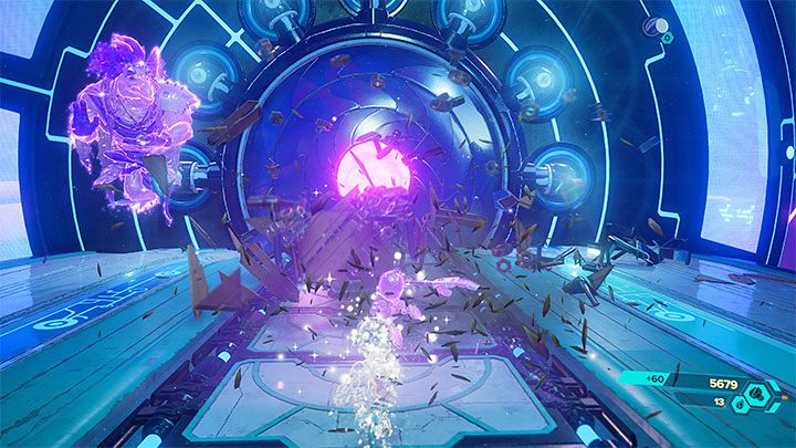 On the upper level, destroy the new crates and wait until enough projections hit the meta-terminal to unlock the exit (this is signalled by the lights appearing above the meta-terminal) - Ratchet & Clank Rift Apart: Clank, Sargasso - puzzle guide, list - Clank and Kit Riddles - Ratchet & Clank Rift Apart Guide