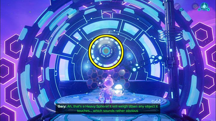 Stay in the area where you obtained the second heavy sphere and throw it at the top slot of the working fan marked in the picture - Ratchet & Clank Rift Apart: Clank, Blizar Prime - puzzle guide, list - The riddles of Clank and Kit - Ratchet & Clank Rift Apart Guide