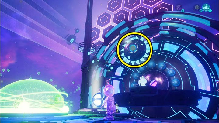 Remove the heavy sphere from the machine on the right (you can do this from a distance) and throw it at the fan marked on the picture, located directly in front of the meta-terminal - Ratchet & Clank Rift Apart: Clank, Blizar Prime - puzzle guide, list - The riddles of Clank and Kit - Ratchet & Clank Rift Apart Guide
